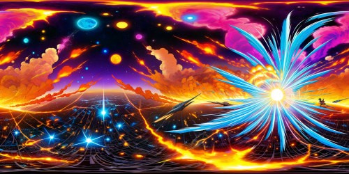 Epic cosmic battle in the World of Void, crackling energy auras and neon blasts frozen in time, amidst shattered planets against a radiant backdrop, bursting with unparalleled ultra-high-res colors, encapsulating the flawless essence of a manga masterpiece.