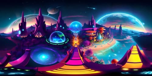 Masterpiece VR360, extreme detail, Rick and Morty universe style. Vibrant, multicolored portals, peculiar, alien worlds. Show-inspired stylistic elements, unique VR360 experience. Ultra-high resolution, topmost quality.