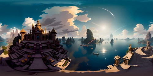 Masterpiece-style, ultra-high-res VR360 panorama. Endless ocean of floating chairs, various vintage and modern styles. Minimalist, surreal art. Skyward perspective, sunlit silhouettes against twilight sky in VR360 perspective.