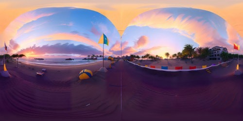 Masterpiece quality beach, ultra high-res sand grains, pixel-perfect volleyball net, bright and round volleyball. VR360 sunset view, orange and violet hues blending, soft waves against the shore. VR360 beach volleyball game scene, Pixar-style.