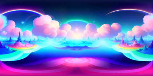 Cotton candy clouds, pink-blue swirls, luminescent unicorns in VR360, abstract expressionist style, ultra high res. Pastel rainbow ribbons, glistening fairy dust, floating crystal castles, dreamy VR360 panorama. Shimmering, opalescent artwork, true masterpiece of digital fantasy.