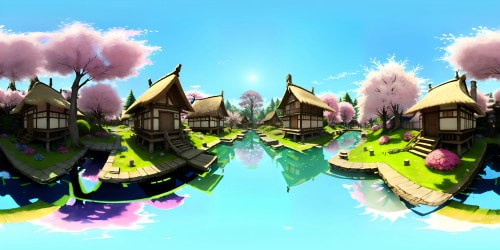 Ultra-high resolution VR360, Japanese village at misty dawn, thatched-roof houses. Cherry blossoms, snow on distant mountains. Stone paths lit by lanterns, serene koi pond, wooden bridge arching. Sketchy anime style, masterpiece VR360, crisp details. Watercolor hues subtly layering scene.