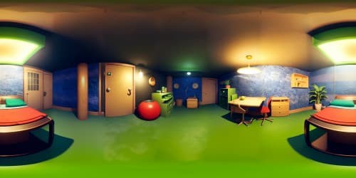Nostalgic 70s basement, vintage wallpaper, avocado-green furnishings, panelled walls. Anime style, detailed texture, high contrast shadows, maximum resolution. Lava lamps, retro posters, beanbag chairs. Immersive VR360, visual masterpiece in ultra high res VR360.