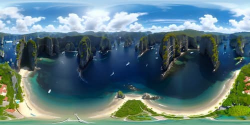 Phuket panorama, VR360 emerald waters, limestone cliffs jutting up, tropical foliage cascading downward. Incredibly detailed, ultra high resolution, VR360 masterpiece. Style - hyper-realistic digital painting, rich colors, breathtaking detail level.