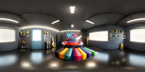 Ultra-high resolution, VR360 masterpiece, glittering blue Corvette. In pristine garage center, architectural mastery, muted concrete, graphite echoes. Ambient gleam on polished surfaces, in-depth detail. VR360, Pixar-style illumination on chrome, sunbeam play through loft windows.