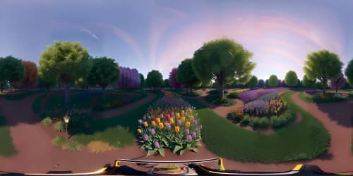 endless field of purple pink blue and orange tulips and autumn trees sunset on the horizon skyview