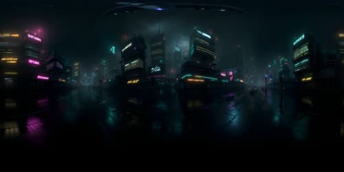 VR360 Blade Runner-inspired domicile, masterpiece quality, ultra HD resolution, grand cityscape panorama, neon billboards, fog-shrouded skyscrapers, monolithic architecture, rain-soaked surfaces, cyberpunk aesthetic.