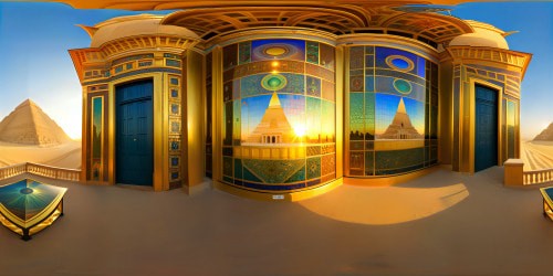 VR360: Crystal metropolis floating, gilded gold splendor, Egyptian temples majesty, splashes of bright sunlight, palette of prismatic colors across skyline, ultra-high resolution elegance. Pharaonic palaces, radiant with gold-touched brilliance, sunlight creating mosaics in crystal cityscape. VR360 masterpiece.