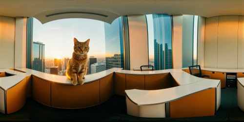 A cat running on top of a cubicle wall in an office building.
