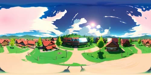 Ultra HD VR360, Simpson's aesthetic, vibrant colors, cloud dotted sky, fiery sunset hues. Evergreen Springfield, panoramic view, caricatured buildings, cartoonish grandeur.