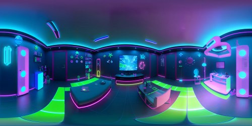 VR360 masterpiece, ultra-high-res digital room, sci-fi aesthetics. Glowing neon aquarium tank, lively, iridescent sea life. Sleek computer desk, holographic screens. Futuristic fridge, cool metallic sheen. Fluffy rug, synthetic fibers, soft underfoot. Ceiling fan, hovering, neon-lit blades. Pixar-style rendering, neon glaze, advanced textures. Gaze of immersed viewer, constantly drawn to neon glow within VR360 scene.