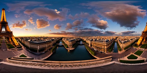 Stunning panoramic view capturing the flawless Eiffel Tower towering over the Seine River, overlooking bustling Parisian streets lined with architectural marvels, intricate cobblestone pathways bathed in the soft evening glow, set against an awe-inspiring twilight sky. Perfect for ultra high-res artistic detail.