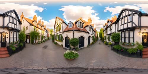 VR360: Ultra high-resolution, Masterpiece like English cobblestone street. Classic British architecture, mellow brickwork, wrought iron lamps, VR360: Pastel twilight hues in sky, scatter of white clouds. Artistic blend: Realism and Renaissance.