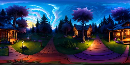 "VR360 cozy cabin, detailed wood grain, soft glow from windows. Dense, ancient forest backdrop, towering evergreens, foliage textures in ultra high-res. Masterpiece twilight sky, inky blues, purples, studded with stars. VR360 anime style, soft lighting, fantasy undertones."