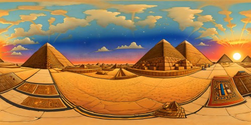 A flawless and highly detailed depiction of a grand royal kingdom of the Pharaohs, with three majestic pyramids standing tall against a blazing sunset, intricate hieroglyphs etched into their ancient stone surfaces.