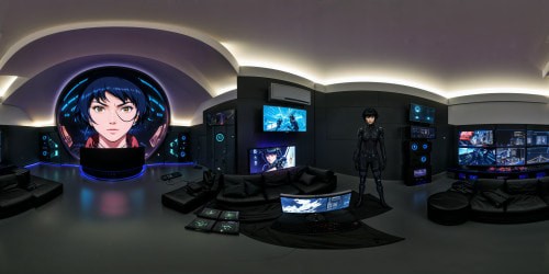 A cutting-edge, ultra-high-resolution spy workshop within a grand dome, brimming with gaming gear, holographic interfaces, neon lights, and LED displays, crafted to transport players into ultra-realistic spy missions; a flawless masterpiece of immersive gaming, alongside a cozy campfire, plush sofa, and a massive screen playing YouTube videos on the wall.