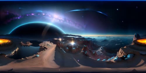 Masterpiece, ultra-high-res VR360. Obsidian sky, star clusters' ethereal gleam. Outer sky filled, farther cosmic realms, realistic celestial spheres. VR360 quality, mirrored in pristine galaxy portrayals, magic-realism style.