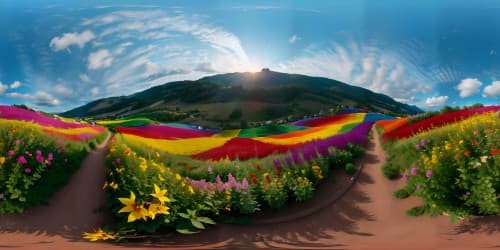 VR360 masterpiece, ultra high-res. Hillside vantage, panorama of vibrant flower field, red-blue-purple-orange-pink-yellow. Horizon boasting setting sun, VR360 skyview.
