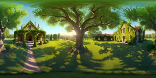 Ultra-high-res VR360 visuals, masterful digital painting style. Chapelle-Palluau, grand chateau, sprawling vineyards. Pastoral elegance. Stately, ancient oak trees. Dawn, warm sunlight. Subtle shadows, vibrant greens, serene blues. Golden hues, intricate stone details, ethereal artistry.