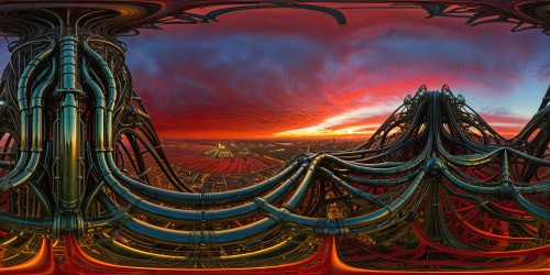 Exploring the surreal biomechanical world, intricate alien machinery intertwined with haunting organic forms, towering industrial landscapes under a blood-red sky, casting eerie shadows, in impeccable, ultra high-resolution detail, an absolute masterpiece of the surreal.