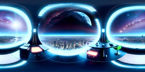 Futuristic Titanic 2025 style, ultra high-res VR360 visuals. Sleek, neon-lit, floating cityscape, VR360 horizon embellished with radiant constellations, silhouettes of streamlined airships. Digital painting style, meticulous detailing, vibrant colors.