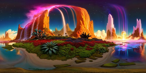 An awe-inspiring alien landscape featuring shimmering waterfalls, glowing plants, giant crystal structures, mirror-like ponds reflecting a multicolored nebula-draped sky, an ultra-high-definition masterpiece of digital artistry.