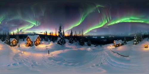 VR360 masterpiece ultra high-res, ultrarealistic forest valley panorama. Sparse, snow-dusted cabins, mountain overlook, starry sky with aurora borialis .snow night dark atmosphere, remote wilderness., fine detailing