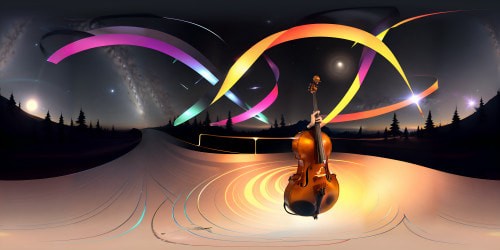 Masterpiece quality, ultra-high resolution, VR360 view: Yo Yo Ma's cello evoking celestial music notes. Surreal art style, uncanny interpretation, towering musical staff, floating treble clefs, bass clefs. VR360 view of flowing melody, inspired by Yo Yo Ma's musical genius, wrapped in starry universe.