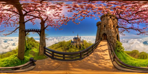 Under the sprawling canopy of a blooming spring tree, enchanted birds dance near an age-old wooden tower as a radiant Ghibli-inspired castle shines distantly, its every detail magnificently captured in mesmerizing 8K resolution, transporting all who behold it into a magical world brimming with charm and wonder.