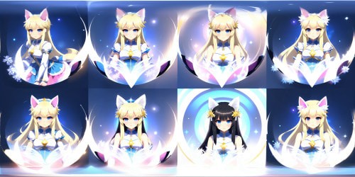 Pixellated close-ups, regal quintet, princesses in opulent attire, VR360. Icy-blue eyes, blonde, shimmering gold hoops, white fur trappings. Ethereal white feather, hand-held, power-displaying arm raises. Unorthodox squatting positions, anime-style cat ear accents. Masterpiece quality, VR360, high-resolution detailing, red lip gloss. Ultra-high-resolution, mix of royalty, elegance, whimsy. Foreground minimalism, non-obstructive.