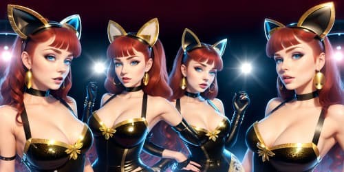  best quality, masterpiece, ultra high res, trio of 40 year old princesses eating candy_wearing white fur coats_wearing black garments_wearing gold hoop earrings_wearing shimmering pink lip gloss_one has blue eyes_two of them have red hair_they are squatting_close up of armpit_ cat ears