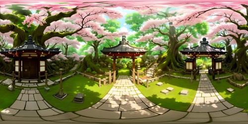 Ultra high-resolution VR360 view, ancient Japanese forest temple, mystical atmosphere. Moss-cloaked stone lanterns, century-old cherry blossom trees bordering torii gate. VR360 panorama of towering cypress, dense fern undergrowth. Painterly anime style, vibrant colors, exceptional detail. Masterpiece quality, traditional Japanese aesthetics.