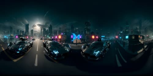 Ultra high-res VR360 scene, Batmobile centerpiece, sleek and stunning. Gotham cityscape backdrop, dark, brooding, architectural masterpieces. Noir-style comic visuals, high contrast, dramatic shadows.