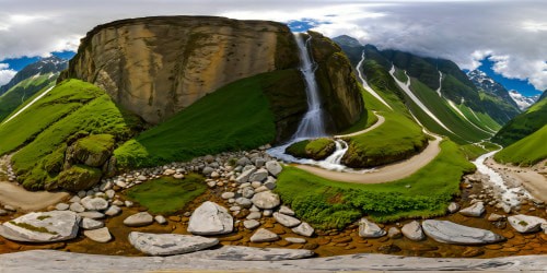 A breathtaking, ultra high-resolution marvel depicting a flawless, verdant hillside cascading gracefully towards a winding stream lined with petite stones, leading the eye to majestic snow-capped mountains looming in the distance.