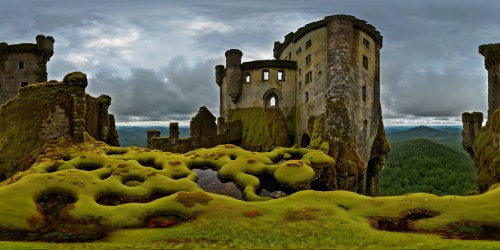 Exploring the vast grounds of an ancient epic castle covered in vibrant moss, decaying from ancient overgrowth, under gray skies, with high-contrast textures, near a misty forest and swamps, moss hanging from dead trees. Flawless quality, a masterpiece in ultra-high resolution.