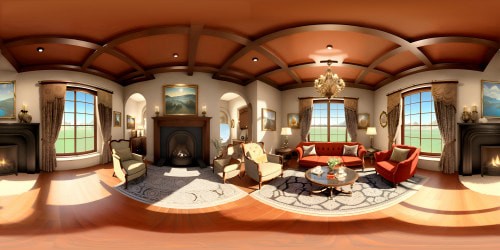 Ultra-high resolution VR360 masterpiece, warm palette, 1920s country parlor, vintage class. Detail-rich velvet armchairs, mahogany table, ornate tea set. Porcelain gleam. Fireplace contours, rustic beams, graceful lace drapes. VR360 reality meets Pixar-style, embrace of nostalgia.