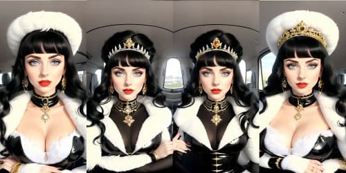  best quality, masterpiece, ultra high res, trio of 40 year old princesses_wearing white fur coats_wearing diamond crowns_wearing black garments_wearing gold circle earrings_wearing red lip gloss_one has blue eyes_two of them have black hair_they are squatting_close up of armpit