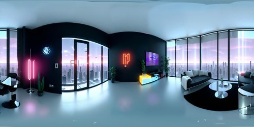 Futuristic apartment, sleek design, minimalistic furniture, 3D holographic screens, large panoramic windows, city skyline view. Ultra HD resolution, VR360 depth, radiant chrome accents, neon glow. Masterpiece artistry, Pixar-style animation, smooth textures, vivid colors. VR360 immersion, light refracting prisms, floating 'smart' decor, advanced tech aesthetics.