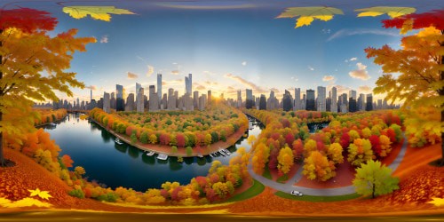 VR360: Manhattan skyline, glinting skyscrapers, city lights shimmer. VR360 perspective: Central Park, autumnal hues, leaves drifting. Style: Photorealistic, ultra high-res, crisp edges, saturated colors, masterpiece quality.
