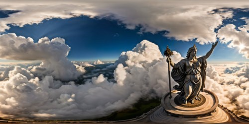 An intricately detailed, monumentally epic and intricately designed grand statue, rising to the heavens against a brilliant, cloud-laden sky, casting stunning shadows, etched with tales of heroes and legends, rendered in ultra high resolution.