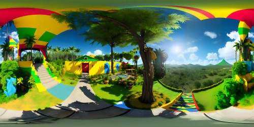 Rastafarian-inspired artist's paradise, vibrant palette, ethnic patterns. Reggae music embodiments, resonating dreadlock trees, Bob Marley graffiti clouds. Lion of Judah constellation, Ethiopian flag colors sunset. Ultra-high-resolution VR360 cosmos, Jamaican culture immersion. Picasso-style rendering, flat, abstract, stylized visual treatment. Unique VR360 fusion, Rastafarian