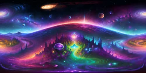 Ultra-high-resolution VR360, masterpiece quality, intense deep space panorama. Distant, miscellaneous planets, vibrant star clusters. Merging fantasy art, astrophysical realism. Overwhelming celestial bodies, understated foreground. Immerse in VR360 cosmic spectacle.