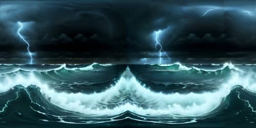 endless ocean at night with thunder and lightning storm and large crashing waves