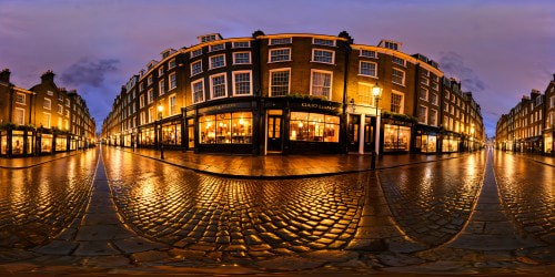 An impeccable, ultra-high-resolution portrayal of a London street aglow in the November night, with rain-glistened cobblestones mirroring the soft aura of vintage gas lamps, luminous shop fronts exuding a cozy radiance, embraced by ornate Victorian buildings veiled in a delicate, misty drizzle, encapsulating a bewitching, eternal ambiance.