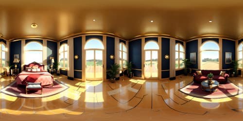 VR360 grand display, luxury emporium, crystal clear, ornate merchandise, shimmering gold detailing, high gloss marble floor. Mixed styles: Baroque architecture, Pixar-style playfulness, digital painting precision.