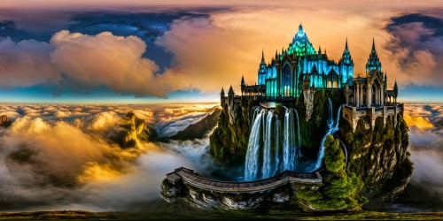 An intricate and detailed masterpiece of an otherworldly, resplendent crystalline palace, with shimmering iridescent walls, towering spires, and cascading waterfalls under a ethereal, multi-hued night sky, in breathtaking 16K resolution.