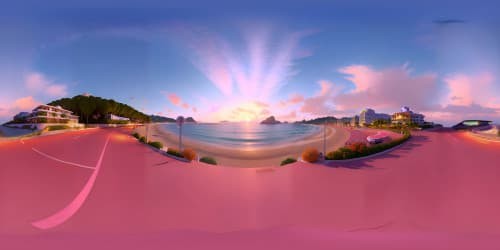 fancy cars on the road of Miami (seaside highway) sunset scene(orange pink sky)