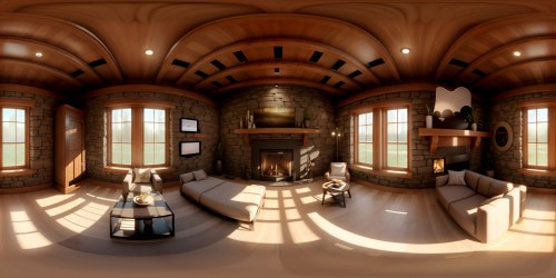 Masterpiece cabin, rustic beauty, ultra high-res VR360, stone fireplace cracking, cozy corners, grand oak beams overhead. VR360 immersive depth, lush forest through large windows, ethereal twilight hues, Pixar-style animation.