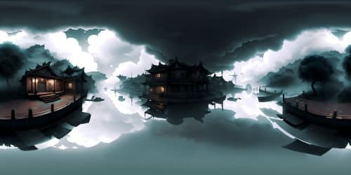 VR360 classical masterpiece, ultra high-resolution, traditional Chinese ink style. Misty clouds cascading over tranquil river, solitary boat adrift, cold. VR360 ink wash delicacy, meticulous attention to detail.