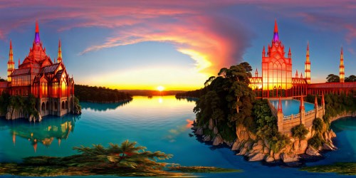 Stunning crystal palace embossed with intricate glass spires, set against a vibrant sunset casting hues on an azure lake, surrounded by lush, colorful gardens—a flawless, ultra-high-resolution masterpiece of perfection.